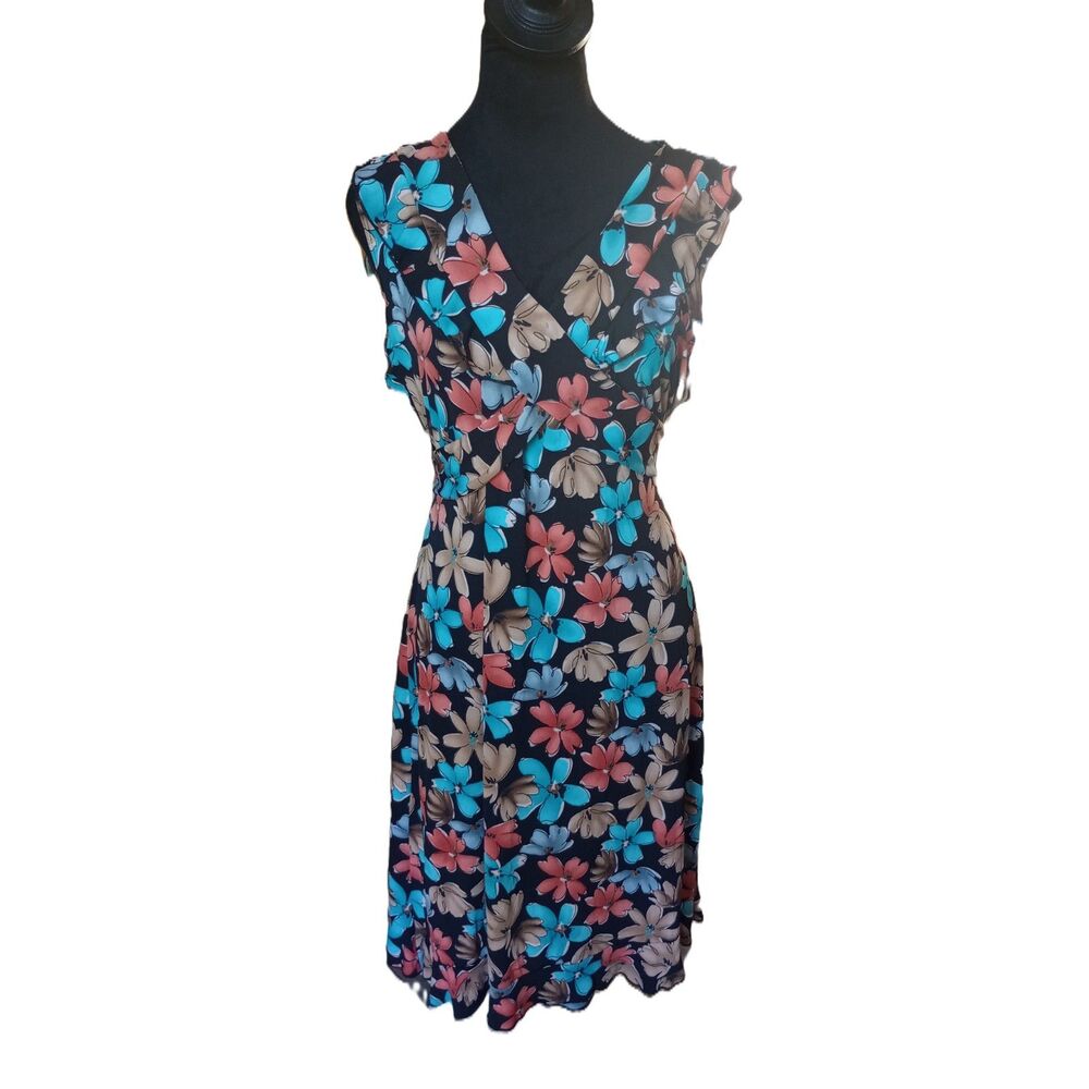 Volume One Women's S Black, Blue, Orange & Tan Floral Midi Dress vtg